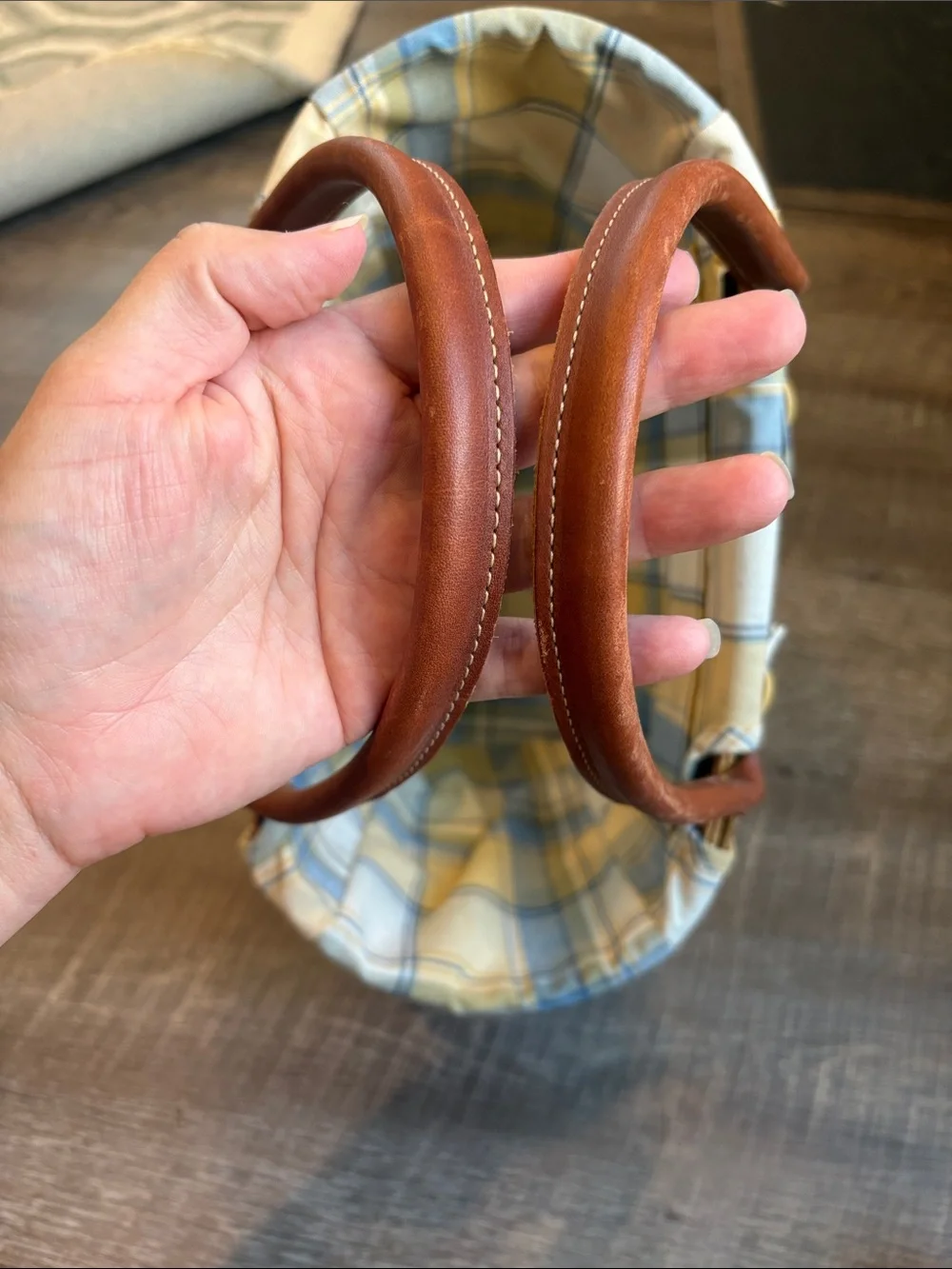 Longaberger Boardwalk Basket Leather Handles Plaid Liner